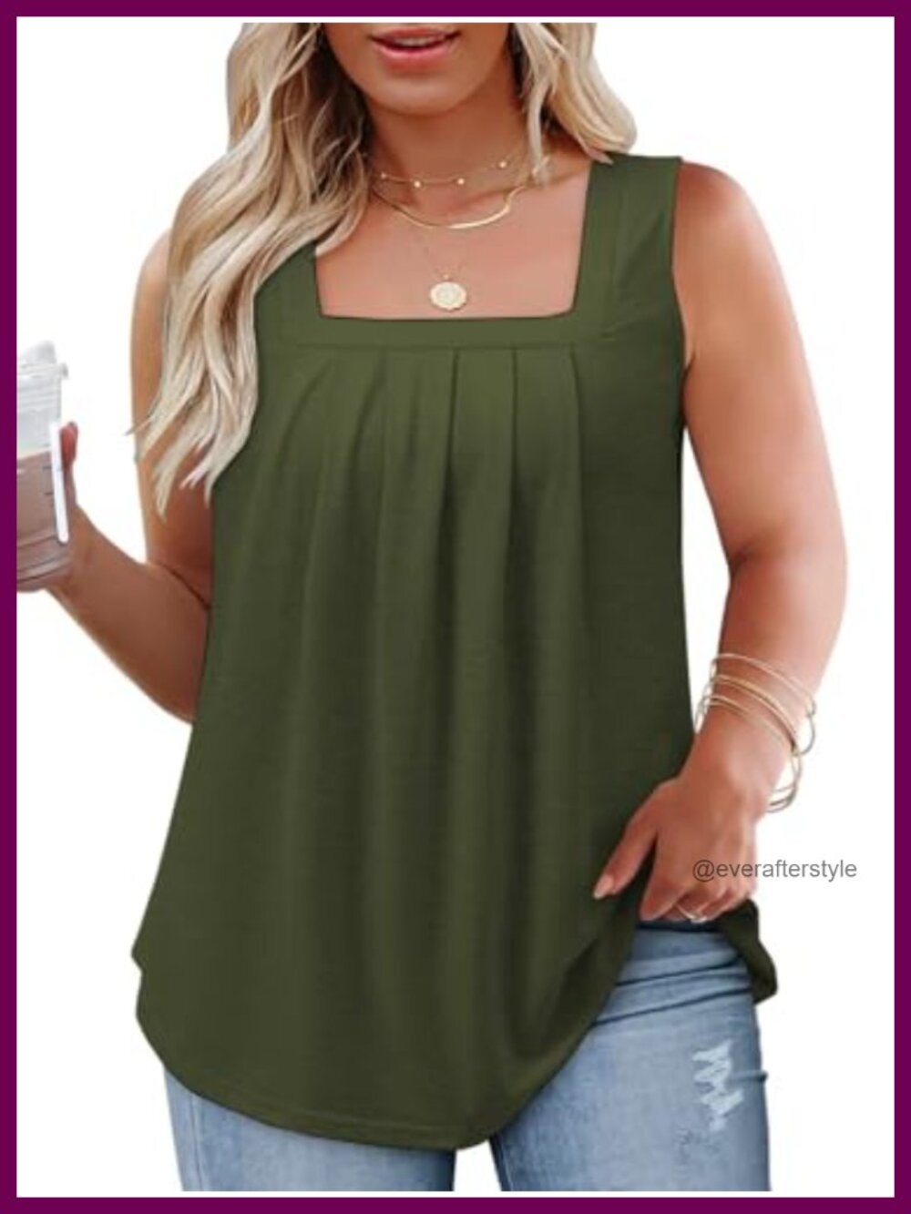 Plus Size Tank Top Square Neck Flowy Pleated Sleeveless Tunic Top